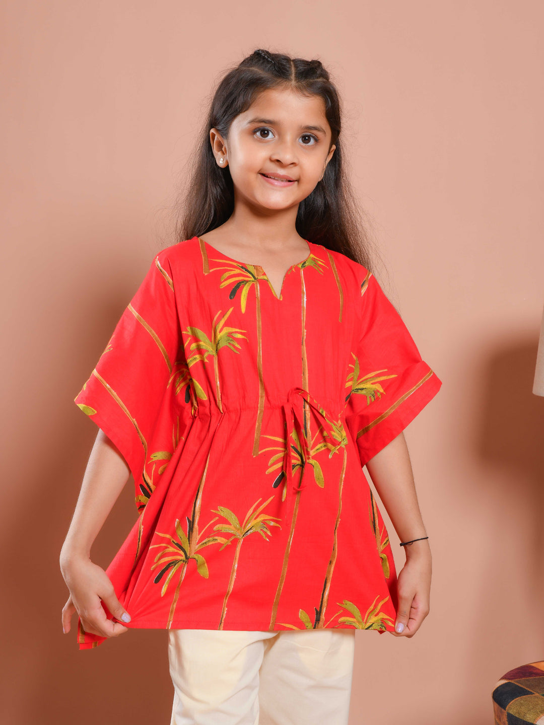 Red Round Neck Floral Printed Kids Night Suit
