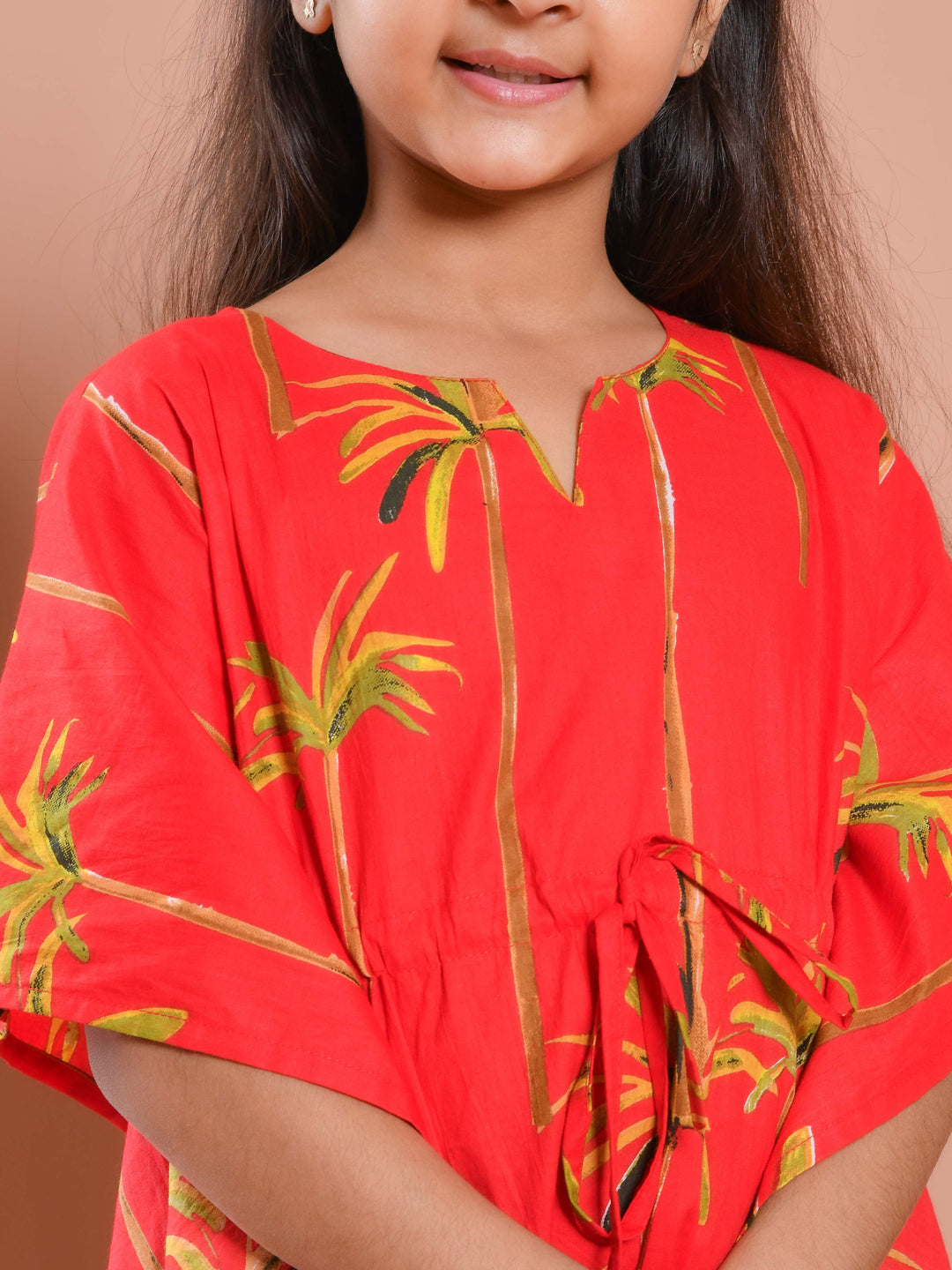 Red Round Neck Floral Printed Kids Night Suit