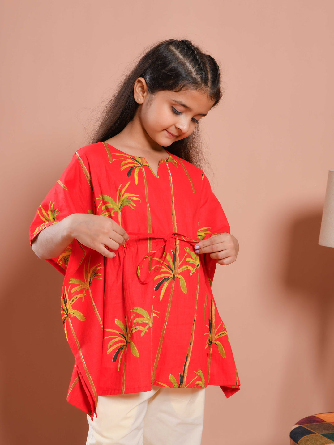 Red Round Neck Floral Printed Kids Night Suit