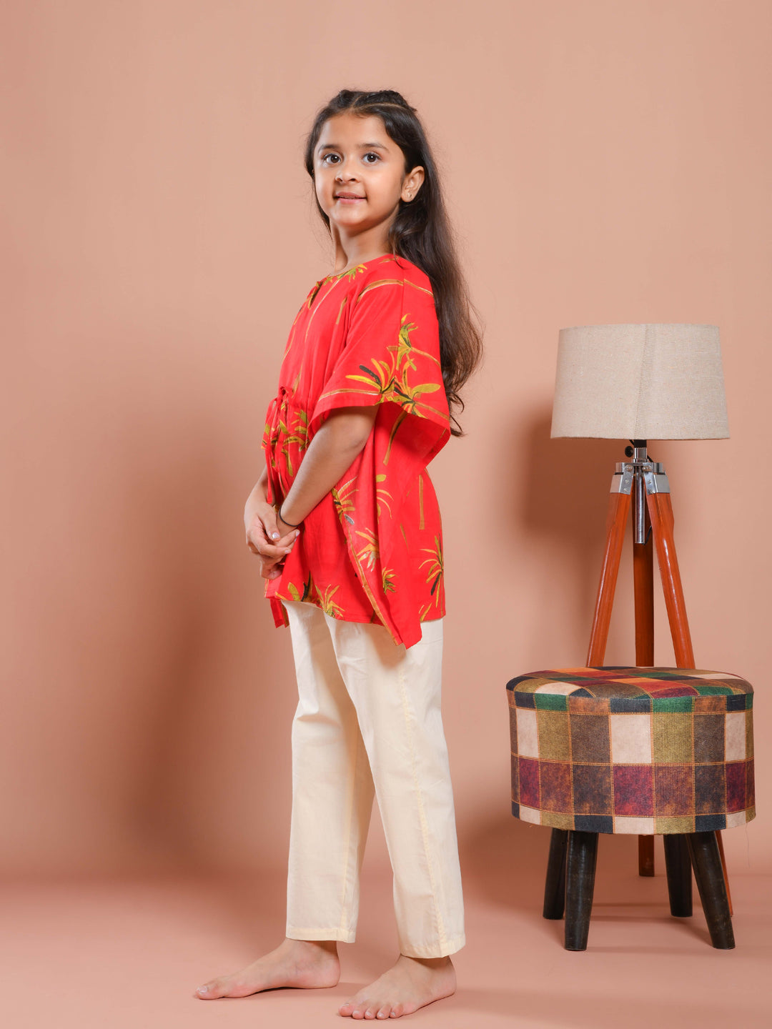 Red Round Neck Floral Printed Kids Night Suit