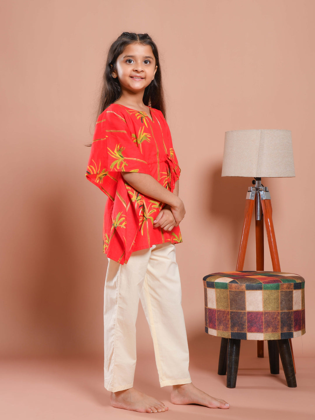 Red Round Neck Floral Printed Kids Night Suit