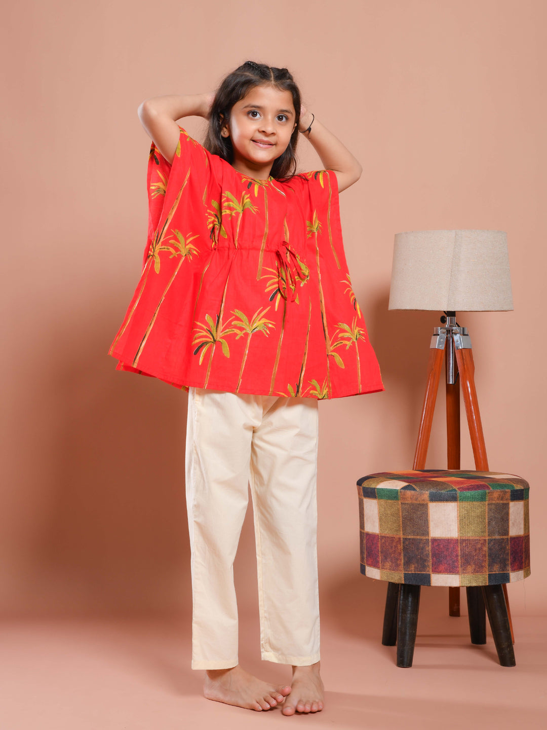 Red Round Neck Floral Printed Kids Night Suit