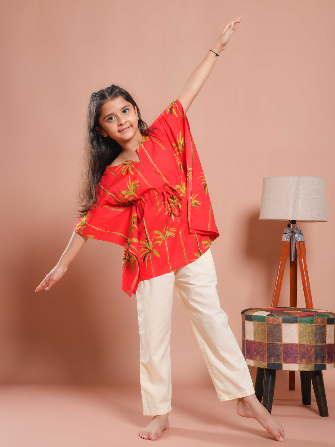 Red Round Neck Floral Printed Kids Night Suit