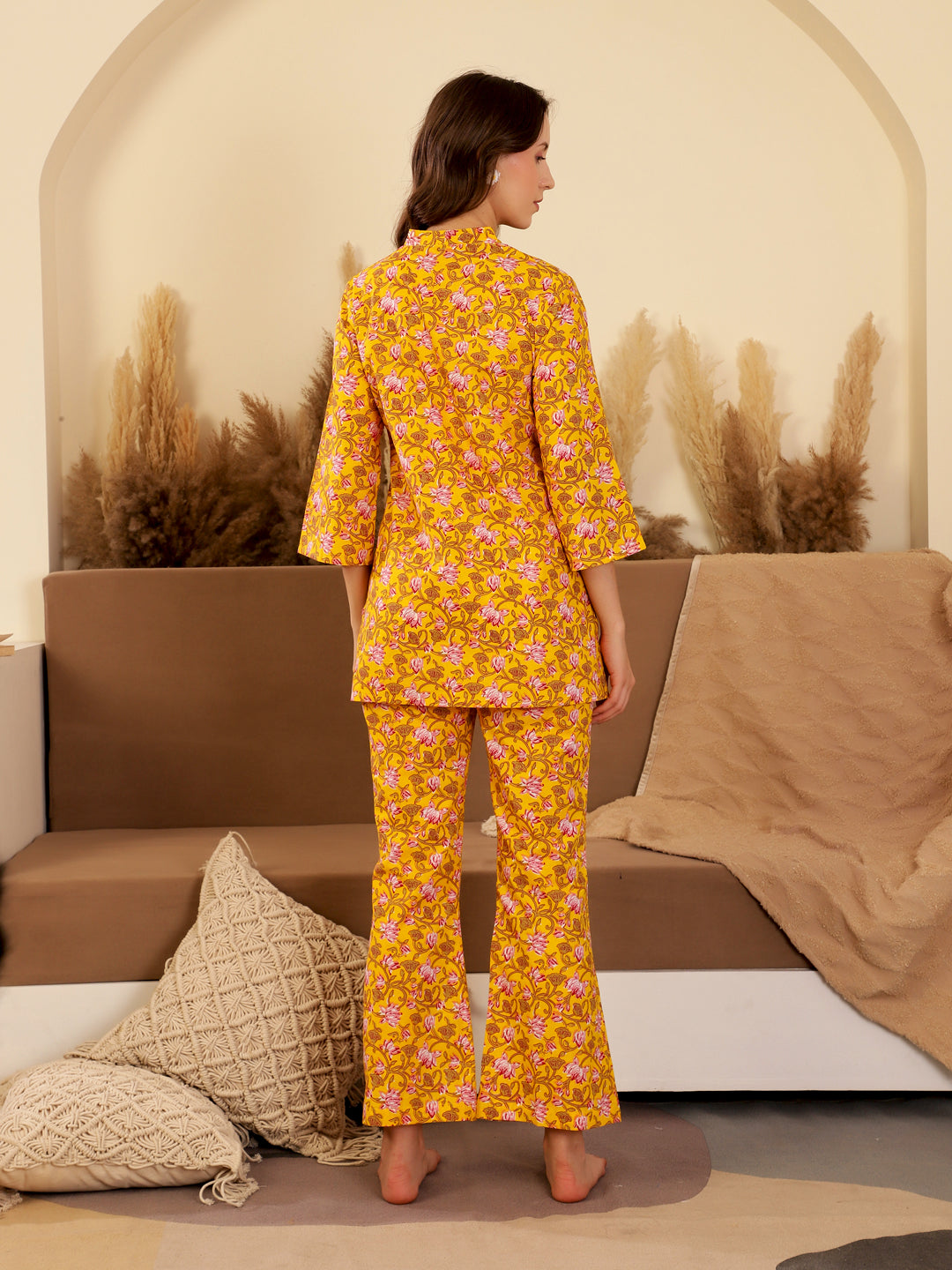 Yellow Printed Cotton Night Suit Set