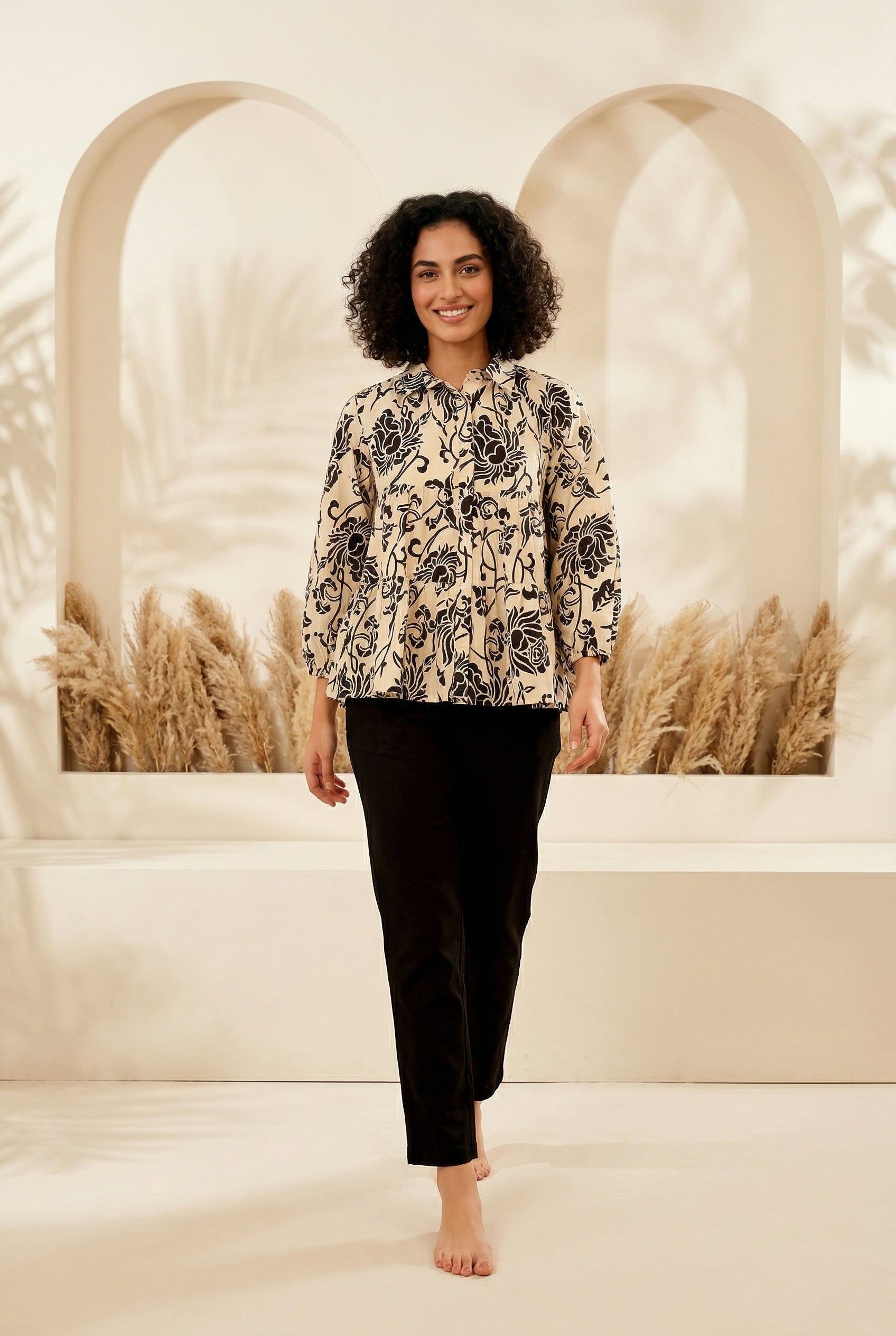 Black Shirt Collar Floral Print Cotton Night Suit For Women