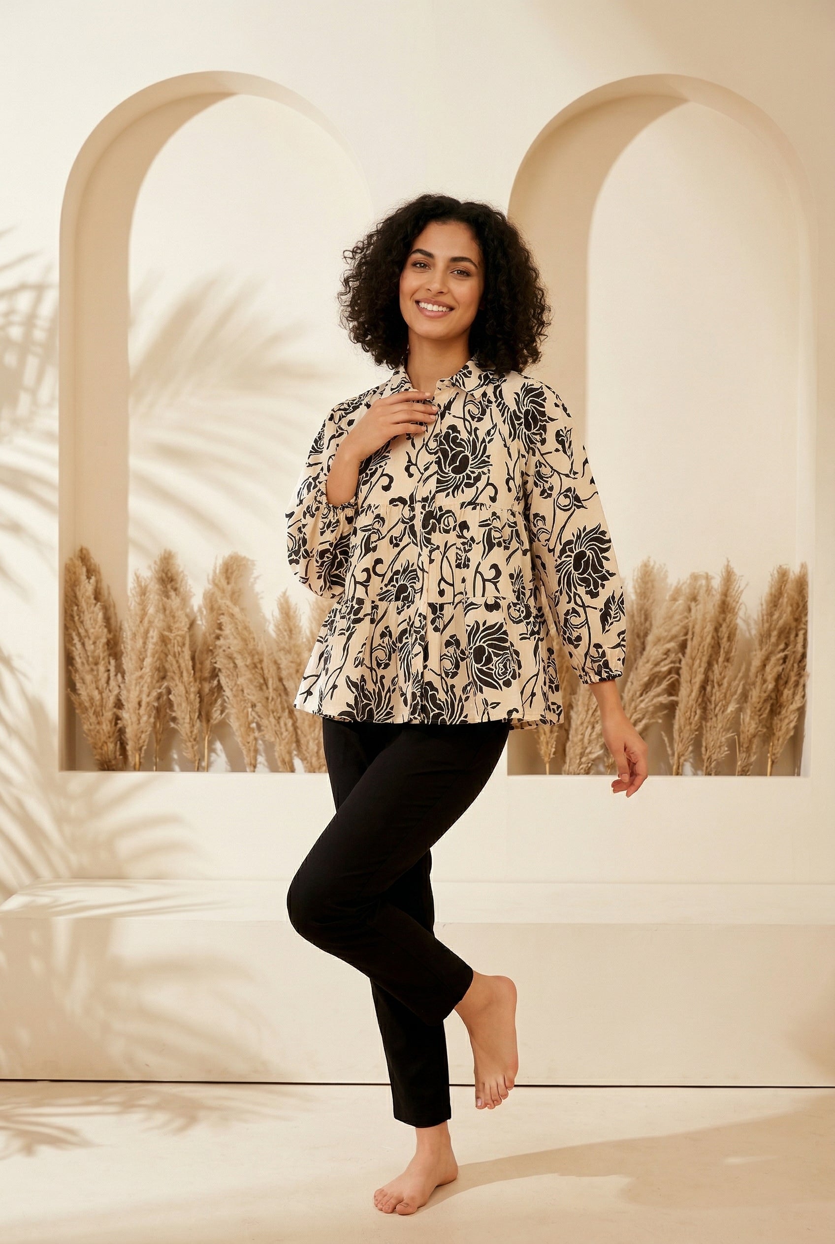 Black Shirt Collar Floral Print Cotton Night Suit For Women