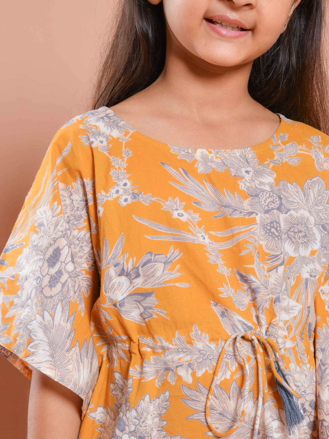 Mustard Floral Printed Kaftan Night Suit