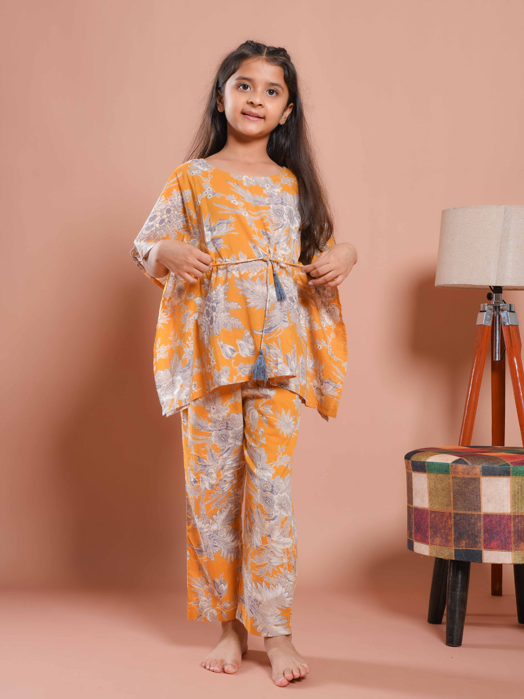 Mustard Floral Printed Kaftan Night Suit - SanskrutiHomes