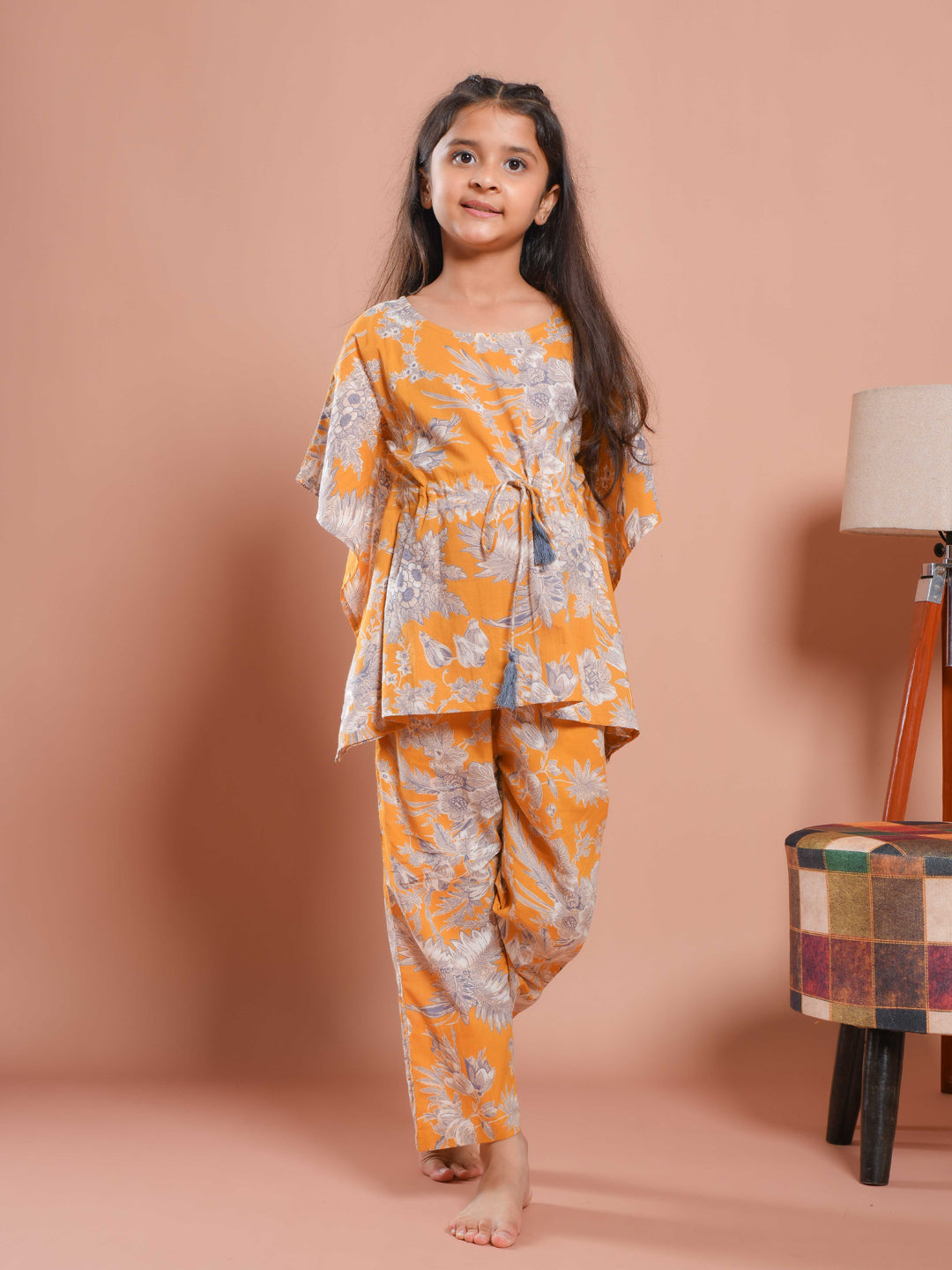 Mustard Floral Printed Kaftan Night Suit
