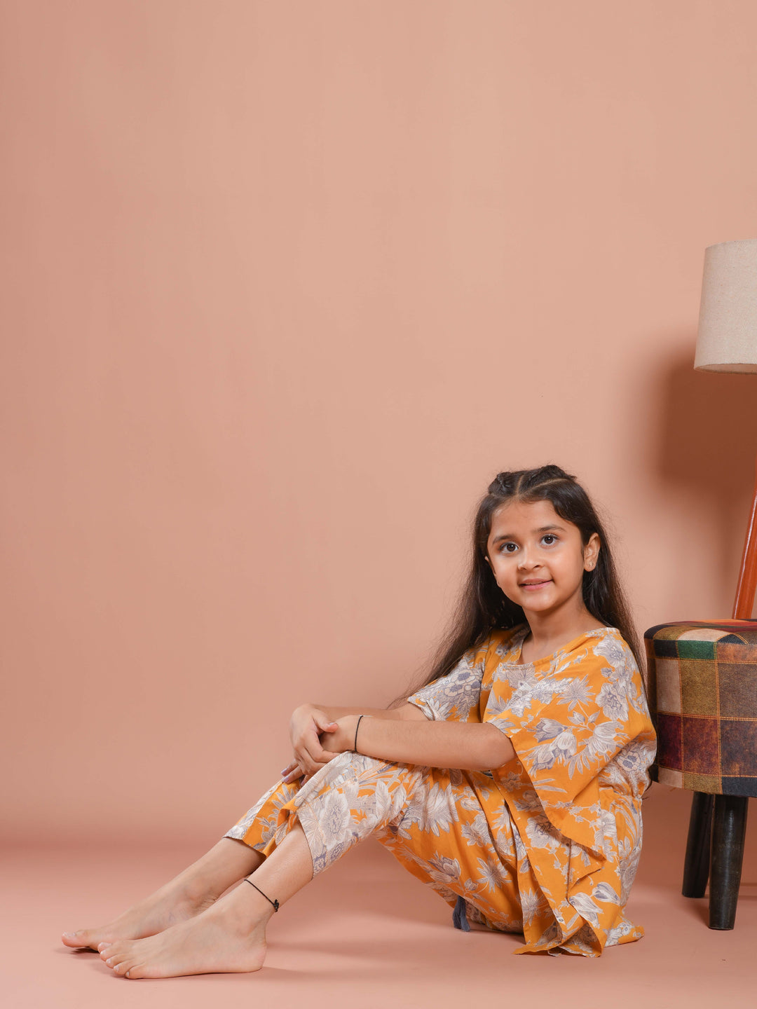 Mustard Floral Printed Kaftan Night Suit - SanskrutiHomes