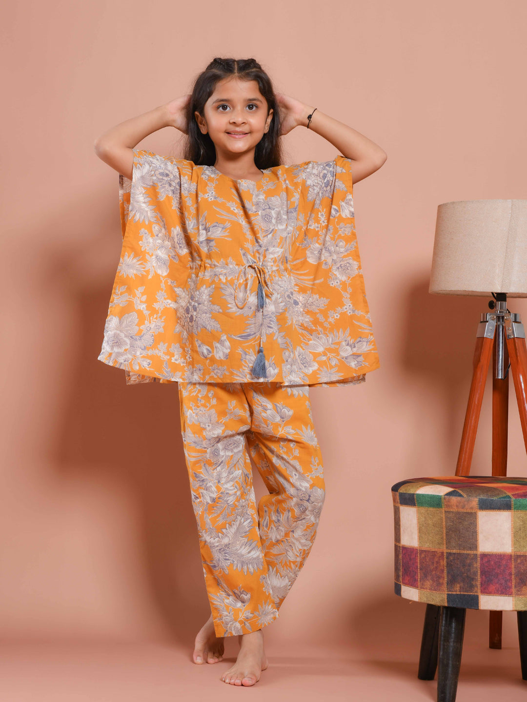 Mustard Floral Printed Kaftan Night Suit