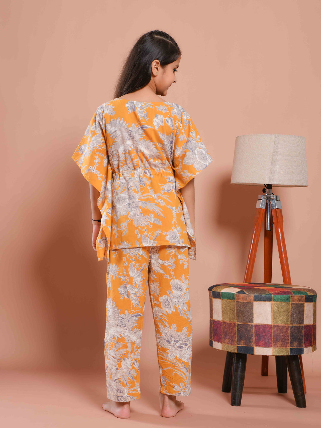 Mustard Floral Printed Kaftan Night Suit - SanskrutiHomes