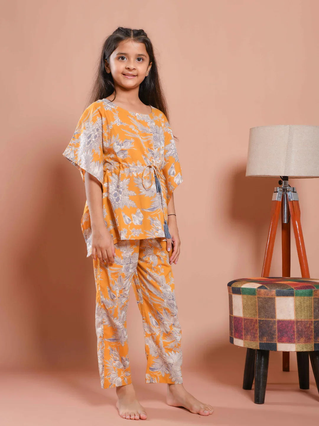 Mustard Floral Printed Kaftan Night Suit - SanskrutiHomes
