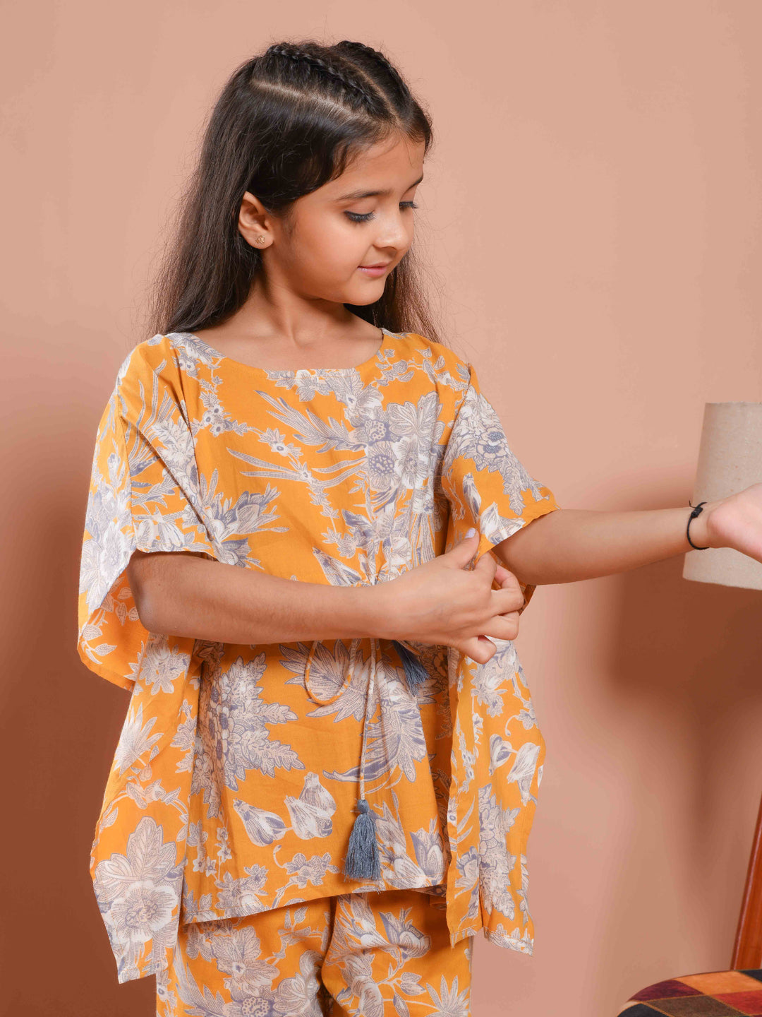 Mustard Floral Printed Kaftan Night Suit