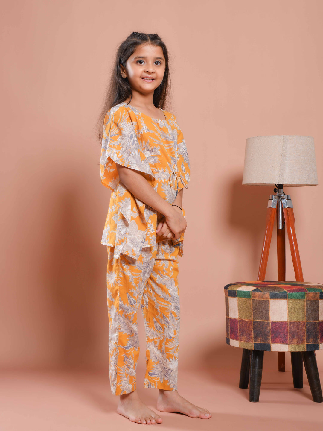 Mustard Floral Printed Kaftan Night Suit - SanskrutiHomes