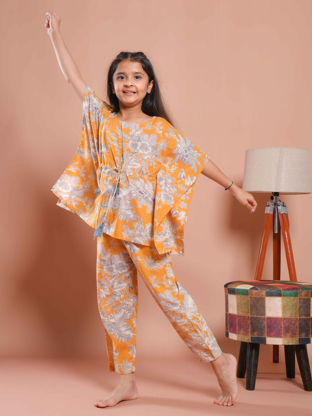 Mustard Floral Printed Kaftan Night Suit - SanskrutiHomes