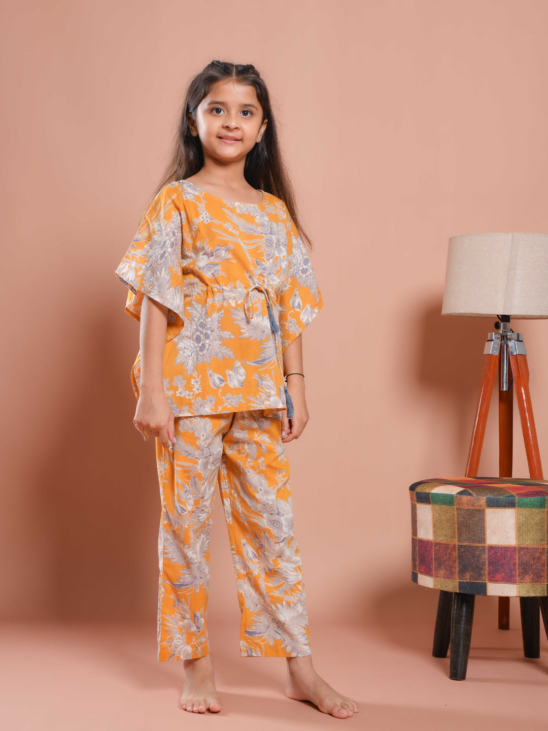 Mustard Floral Printed Kaftan Night Suit - SanskrutiHomes