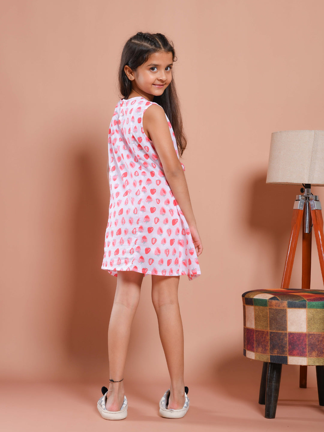 White Strawberry Printed Cotton Dress for Kids