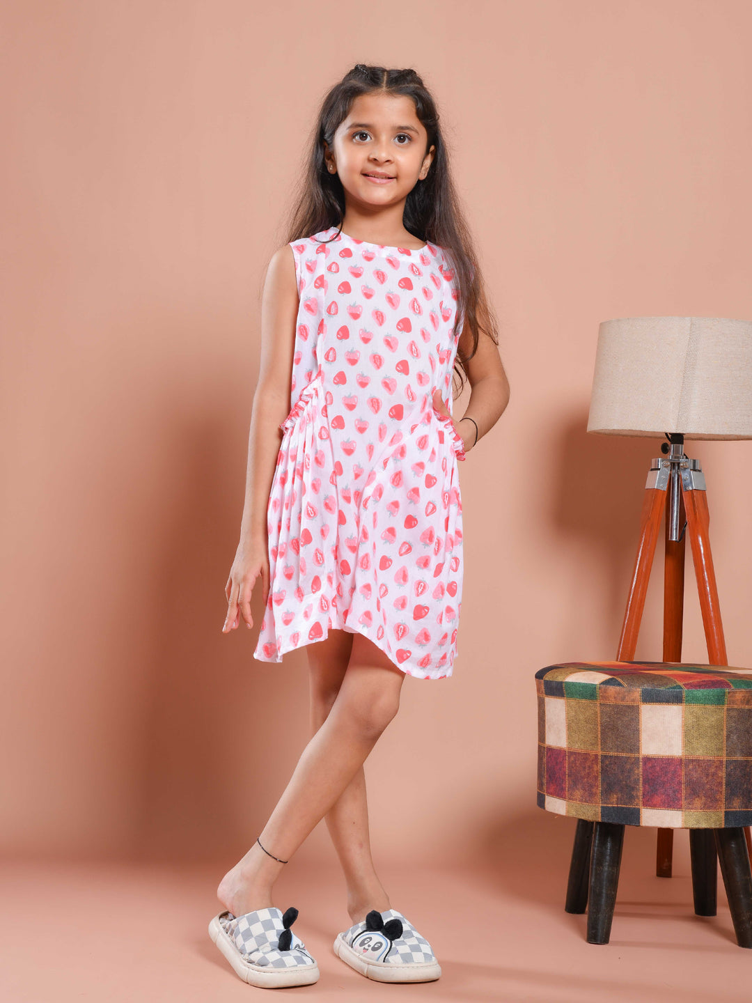 White Strawberry Printed Cotton Dress for Kids