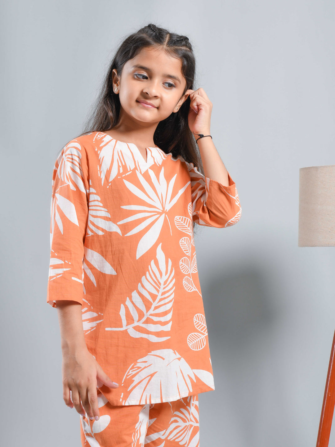 Orange Floral Printed Round Neck Kids Night Suit