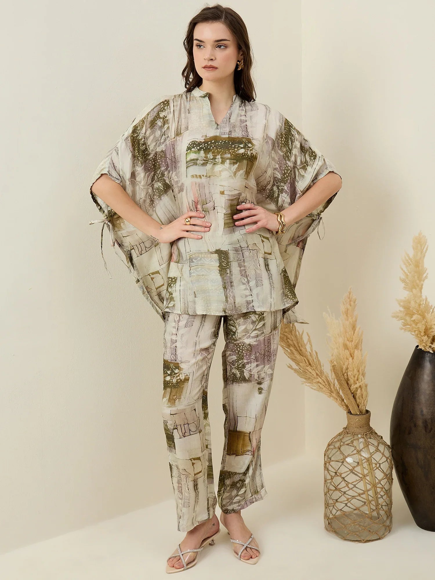 Cream V-Neck Viscose Rayon Printed Co-ords Set for Women - SanskrutiHomes