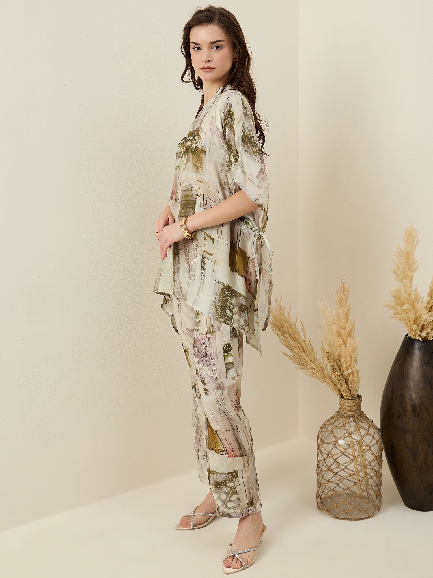 Cream V-Neck Viscose Rayon Printed Co-ords Set for Women