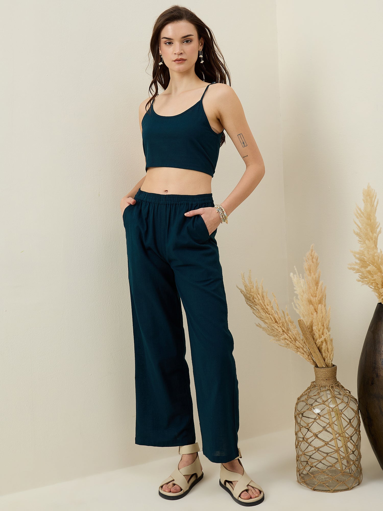 Set of 3 Blue Solid Cotton Co-ords Set for Women - SanskrutiHomes