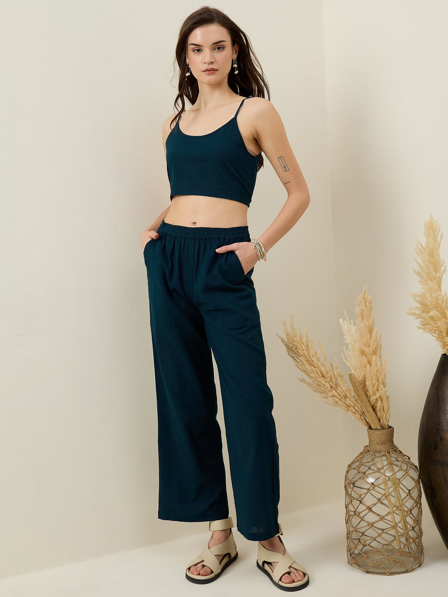 Turquoise Blue Round Neck Pure Cotton Top Dyed Co-ords Set for Women