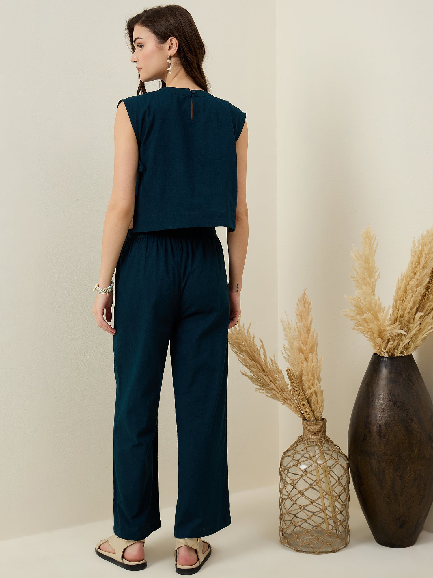 Set of 3 Blue Solid Cotton Co-ords Set for Women - SanskrutiHomes