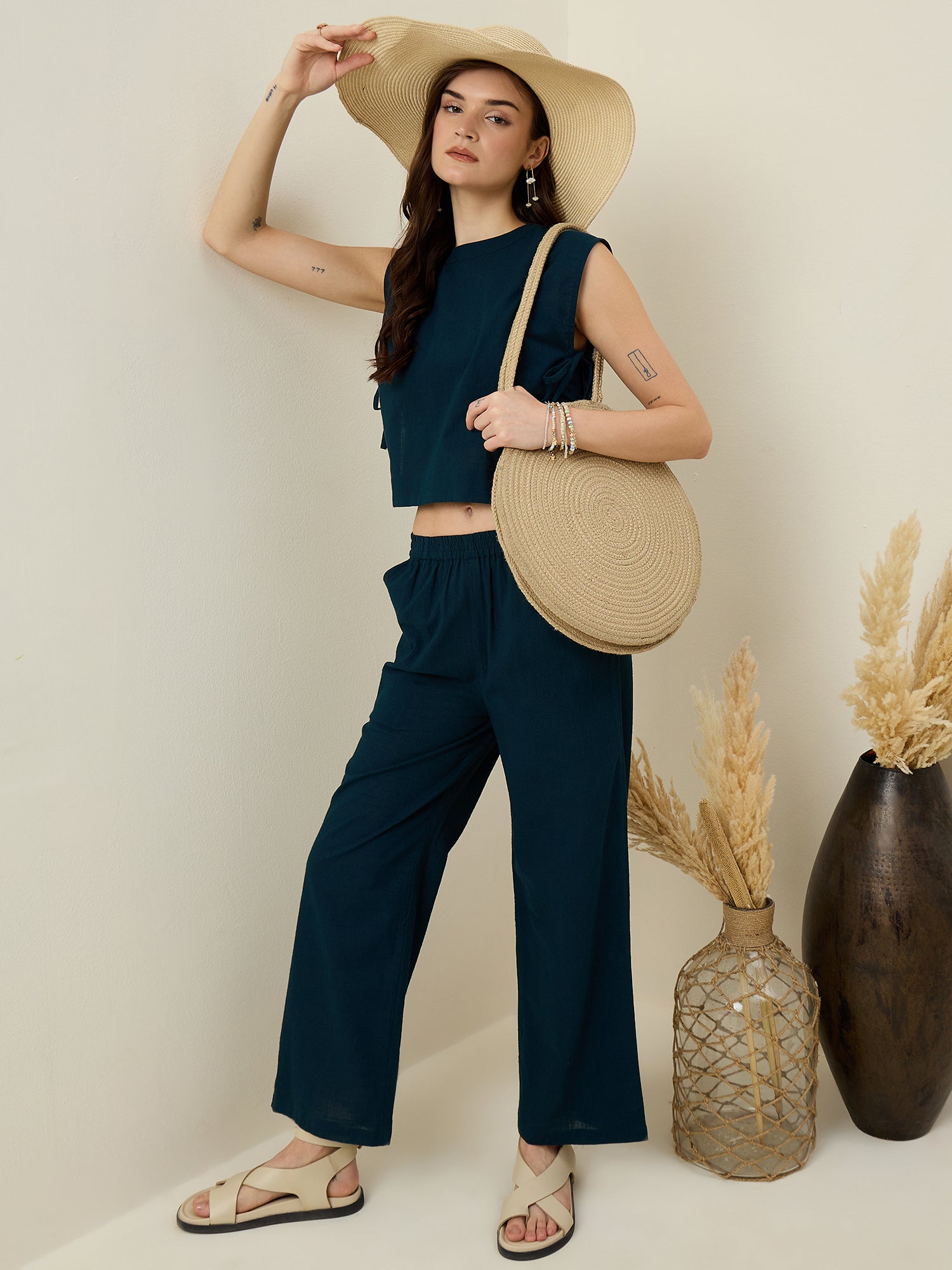 Turquoise Blue Round Neck Pure Cotton Top Dyed Co-ords Set for Women