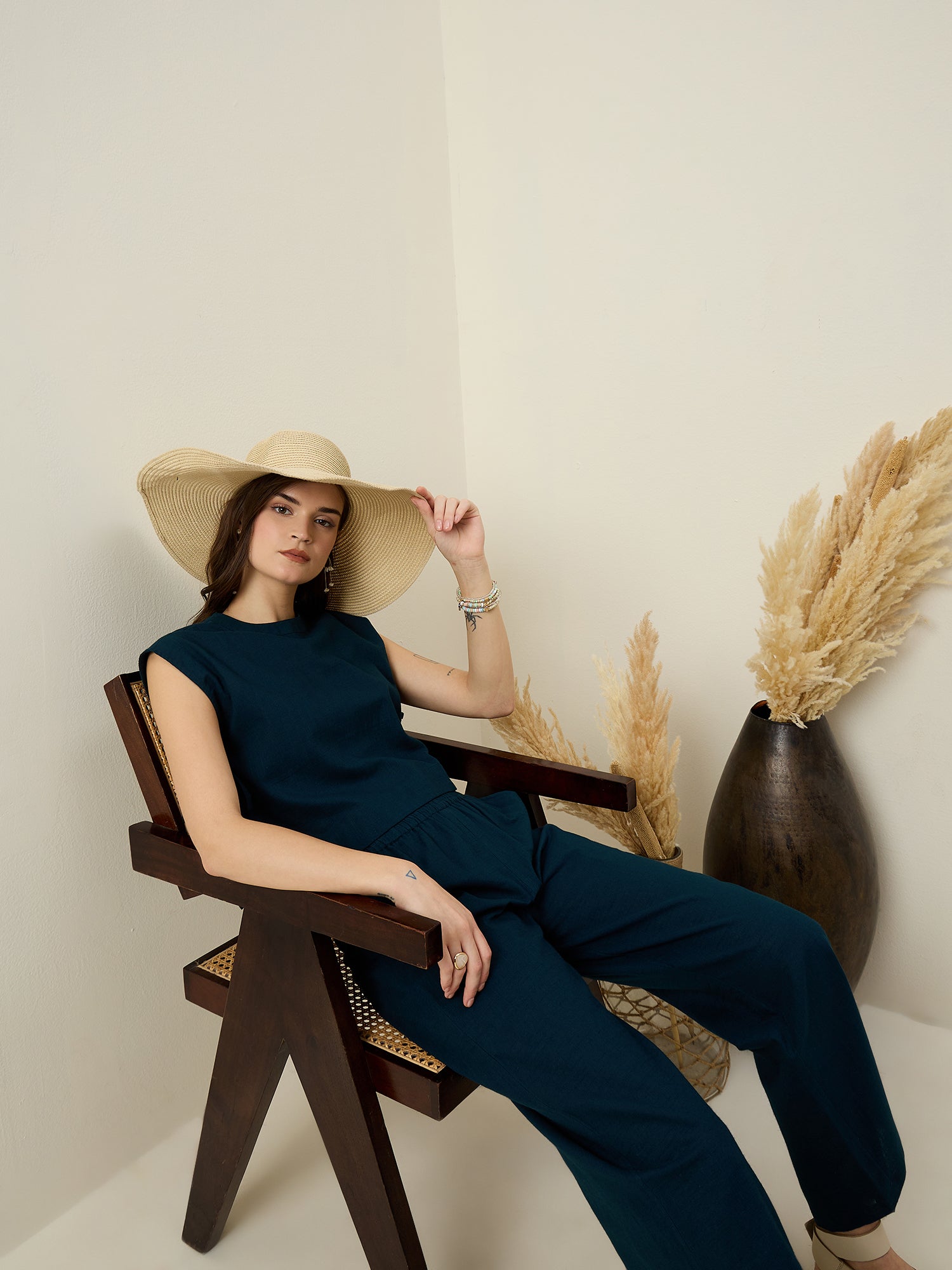 Turquoise Blue Round Neck Pure Cotton Top Dyed Co-ords Set for Women