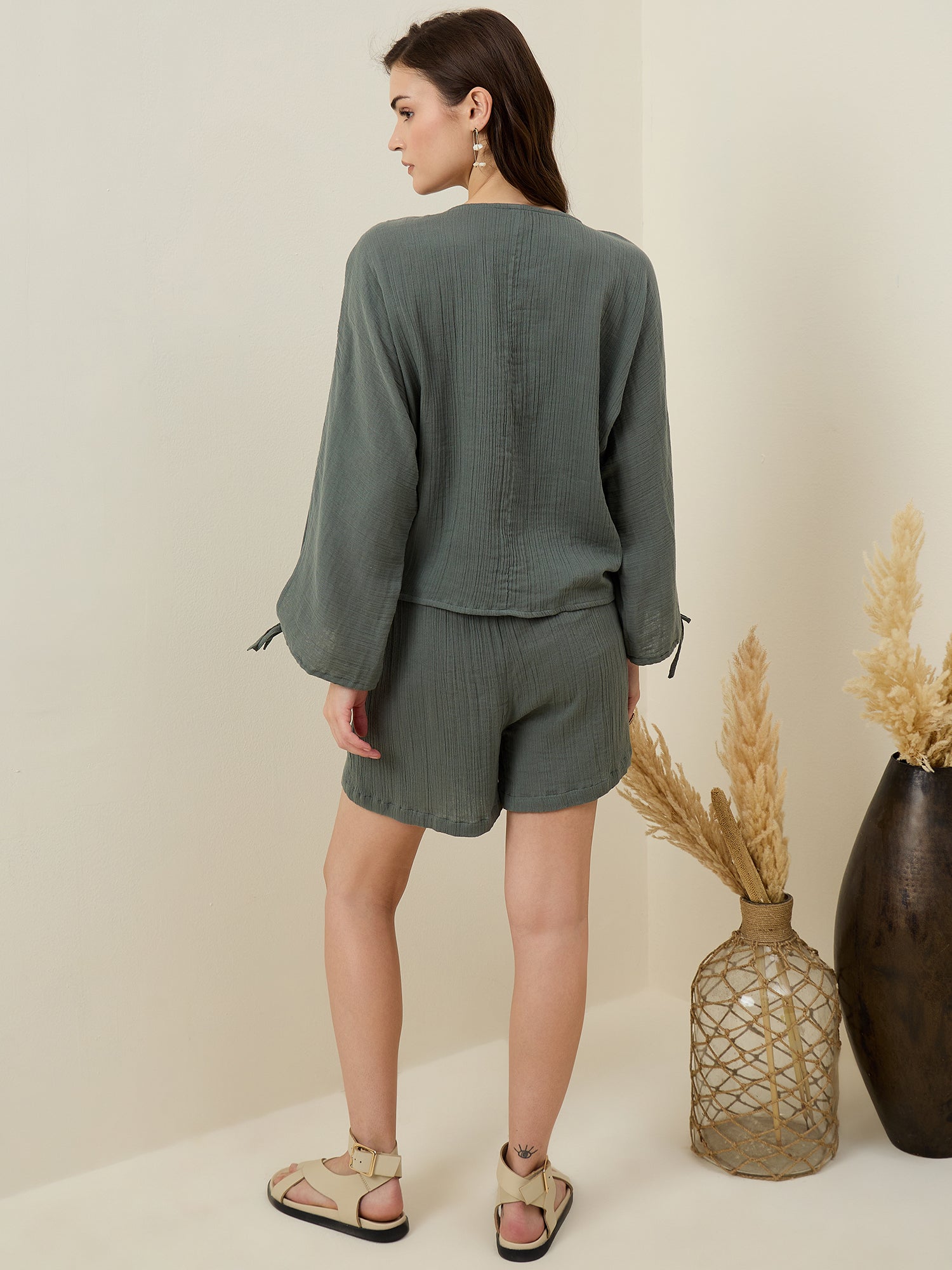 Green Solid V-Neck Co-ords Set for Women