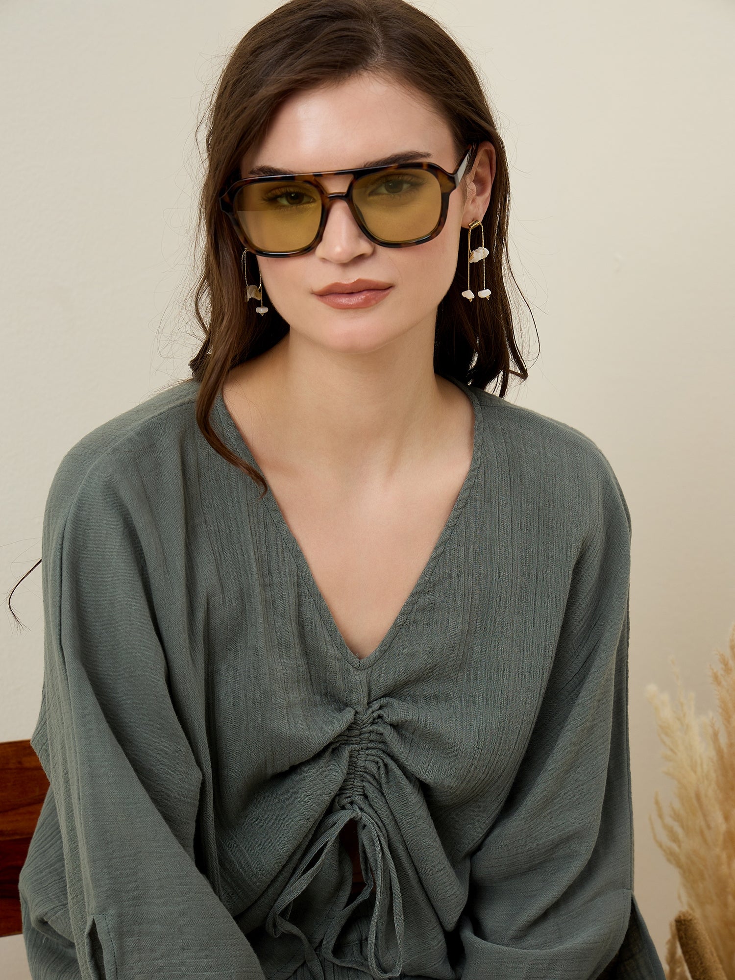 Green Solid V-Neck Co-ords Set for Women