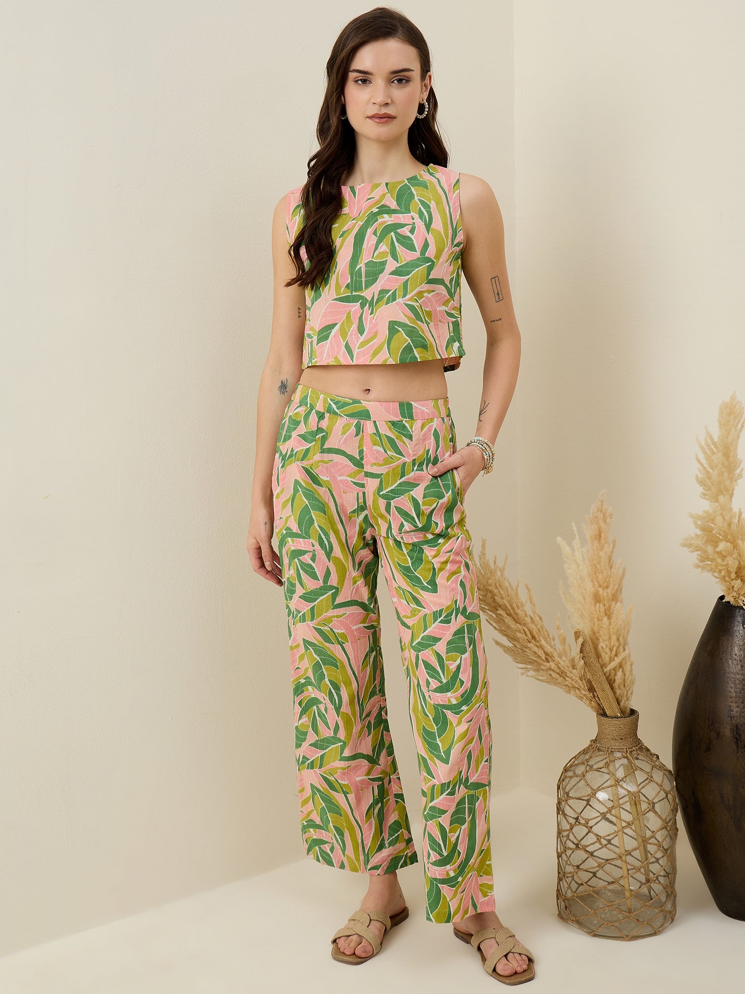 Multicolor Leaf Printed Cotton  Co-ord Set for Women