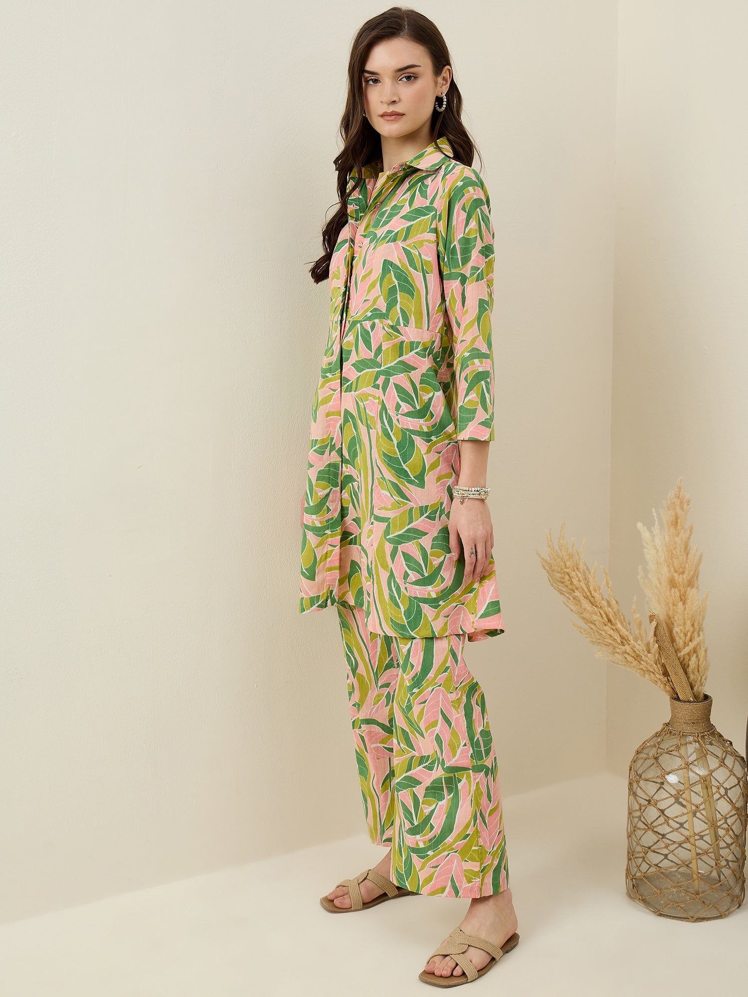 Multicolor Leaf Printed Cotton Co-ord Set for Women