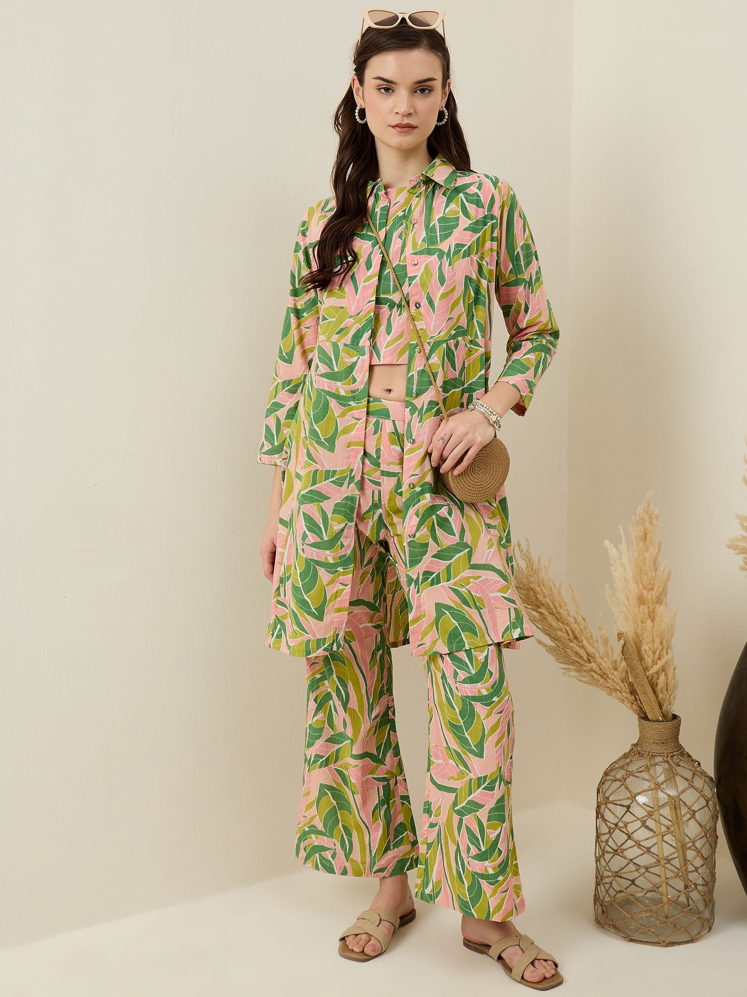 Multi Shirt Collar Pure Cotton Top Printed Co-ords Set for Women