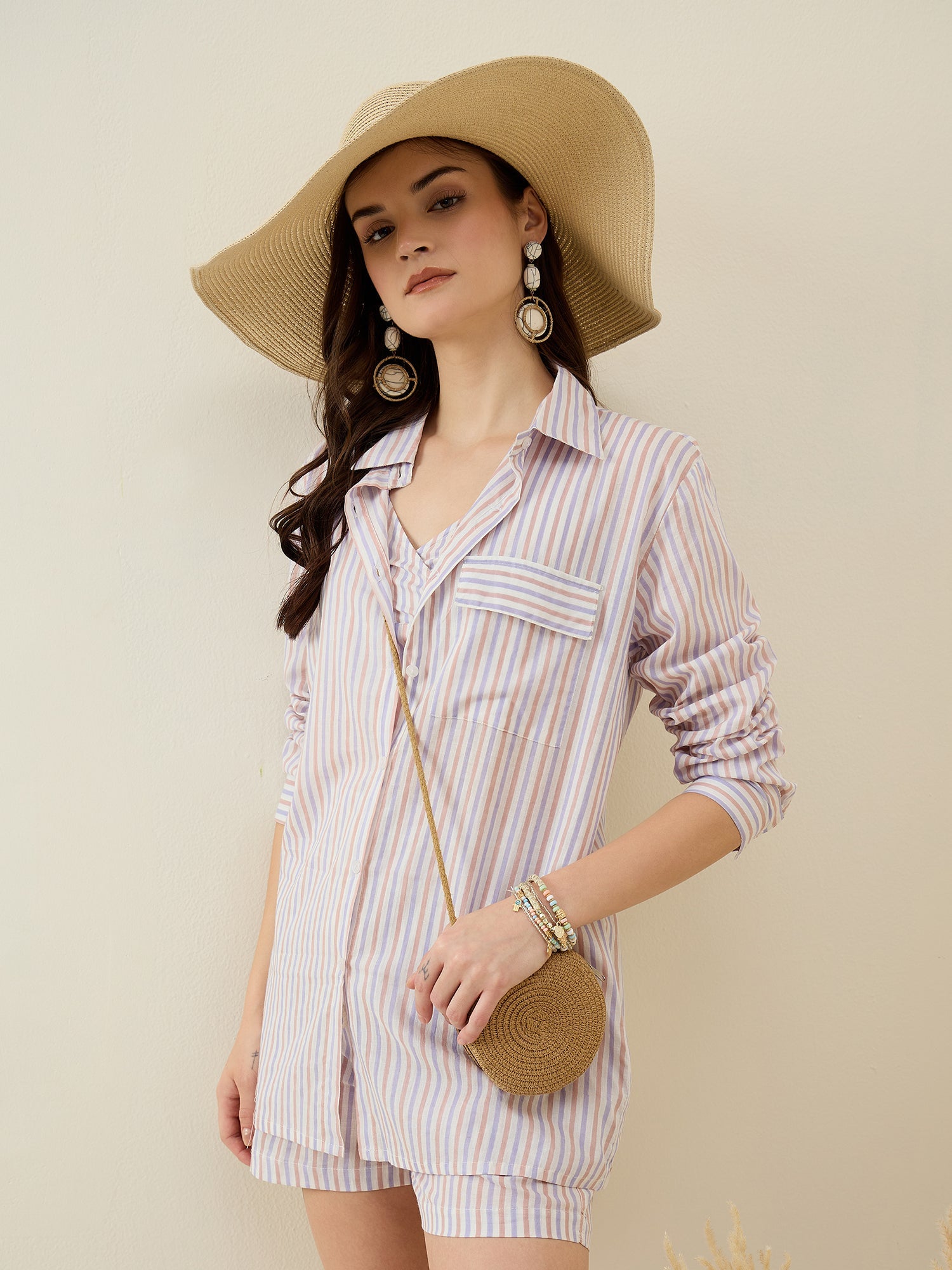 White Strips Shirt Collar Full Sleeve Co-ords Set