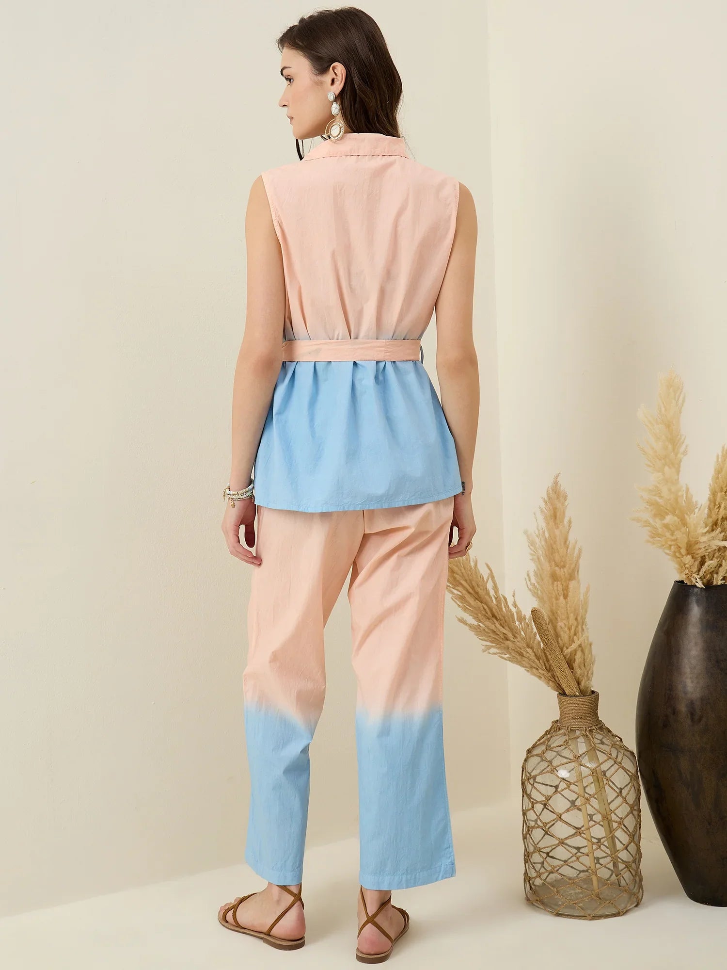 Peach Pure Cotton Shirt Collar Co-Ord Set for Women - SanskrutiHomes