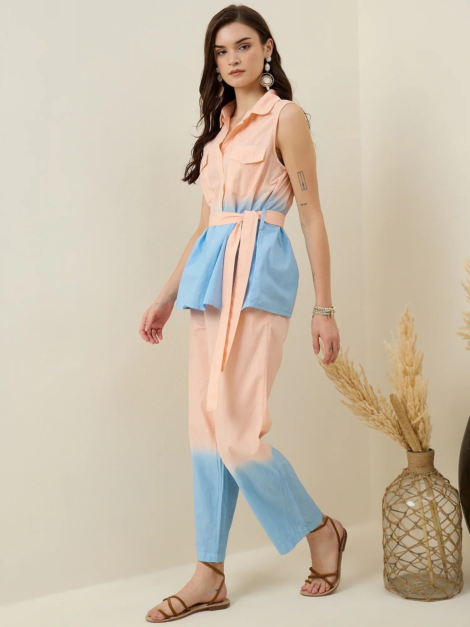 Peach Pure Cotton Shirt Collar Co-Ord Set for Women - SanskrutiHomes