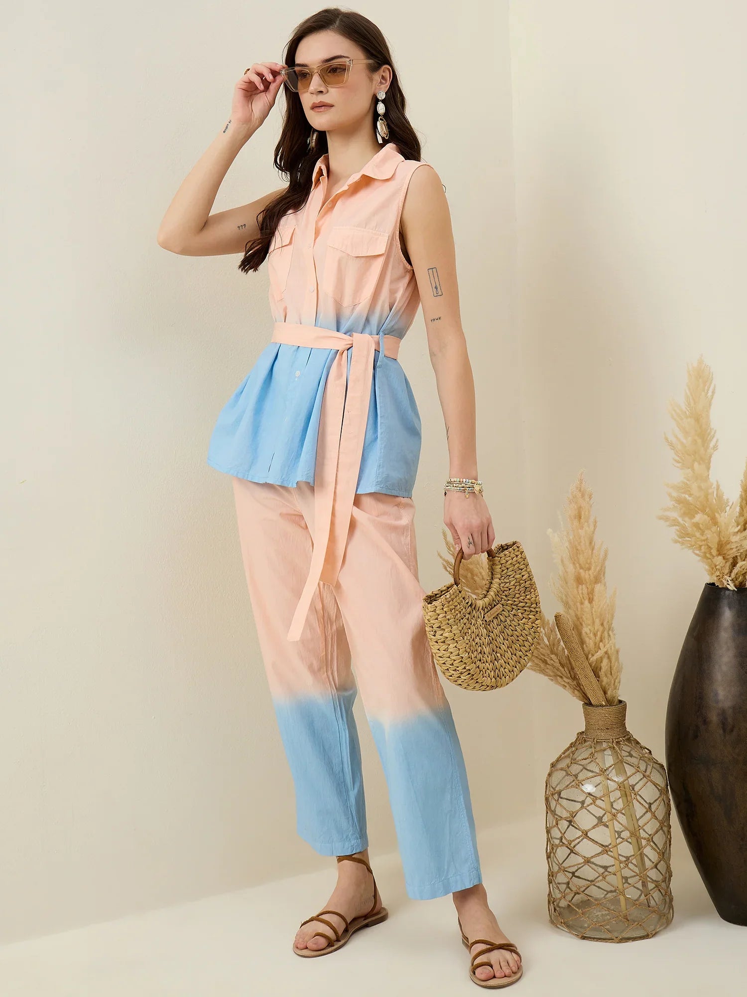 Peach Pure Cotton Shirt Collar Co-Ord Set for Women - SanskrutiHomes