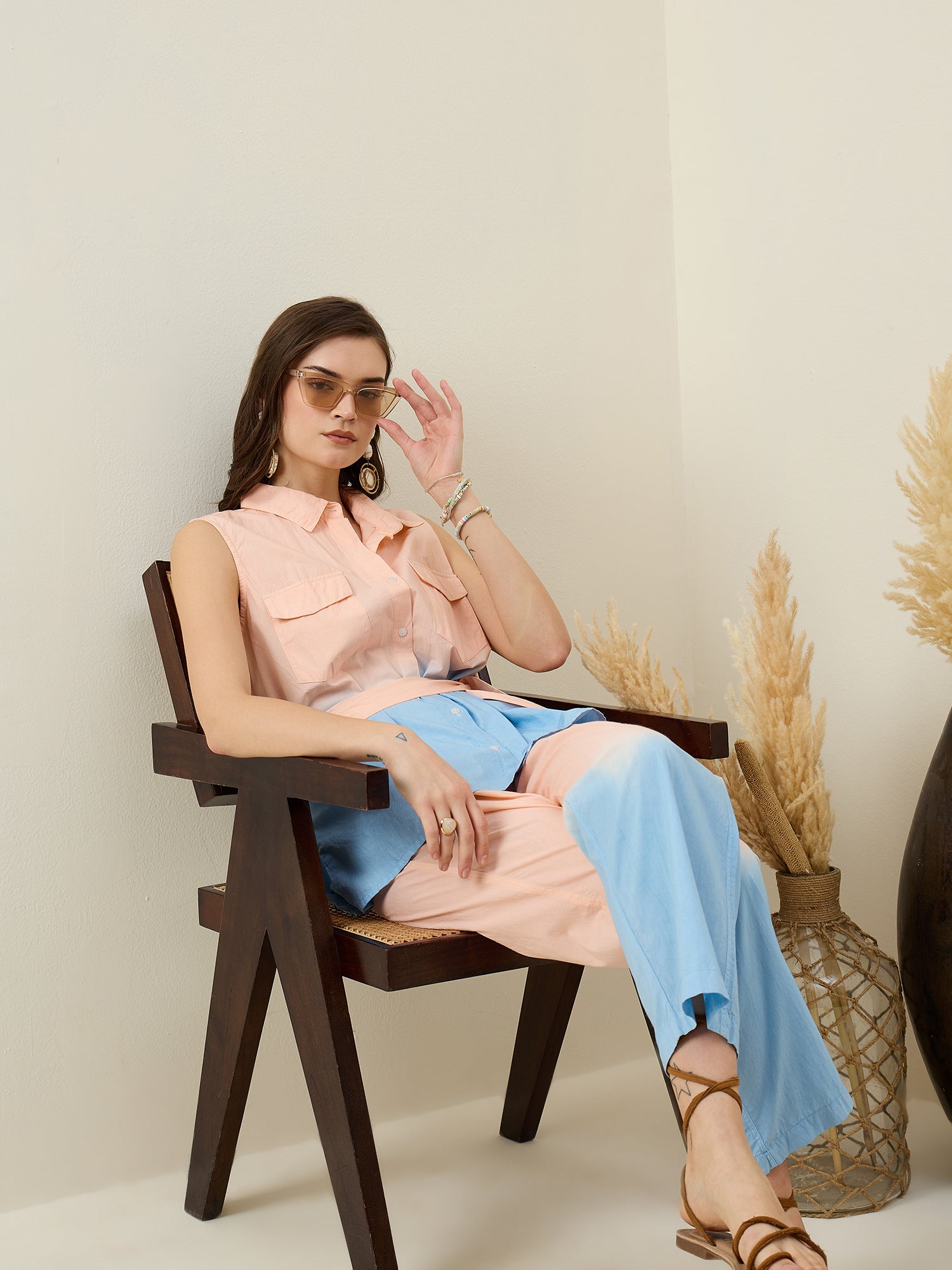 Peach Pure Cotton Shirt Collar Co-Ord Set for Women
