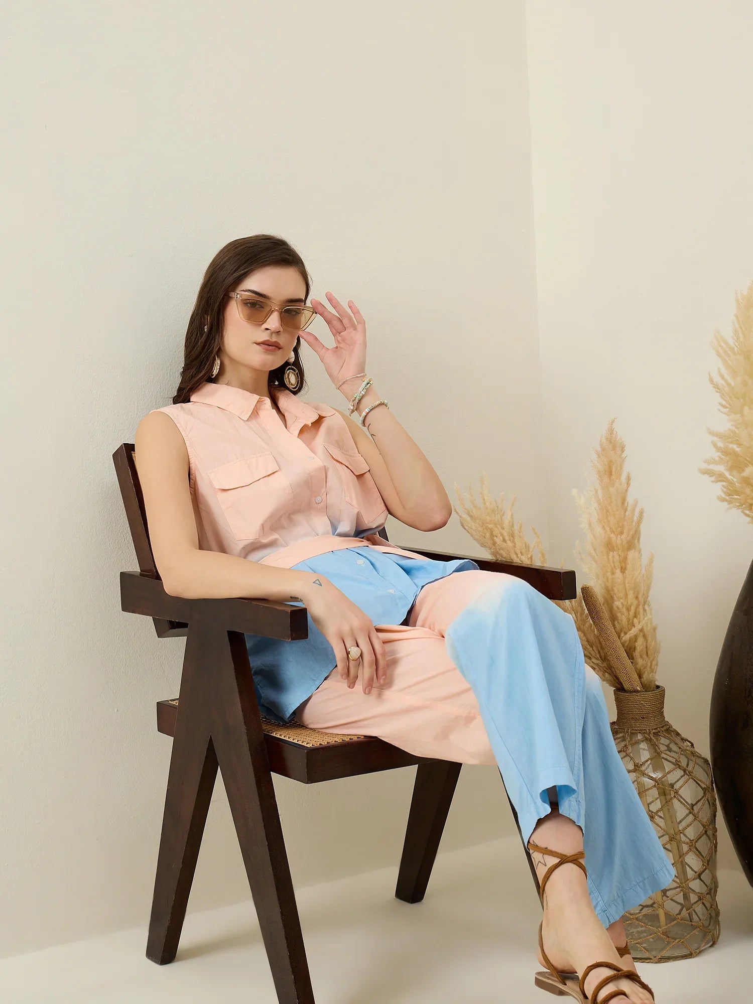 Peach Pure Cotton Shirt Collar Co-Ord Set for Women - SanskrutiHomes