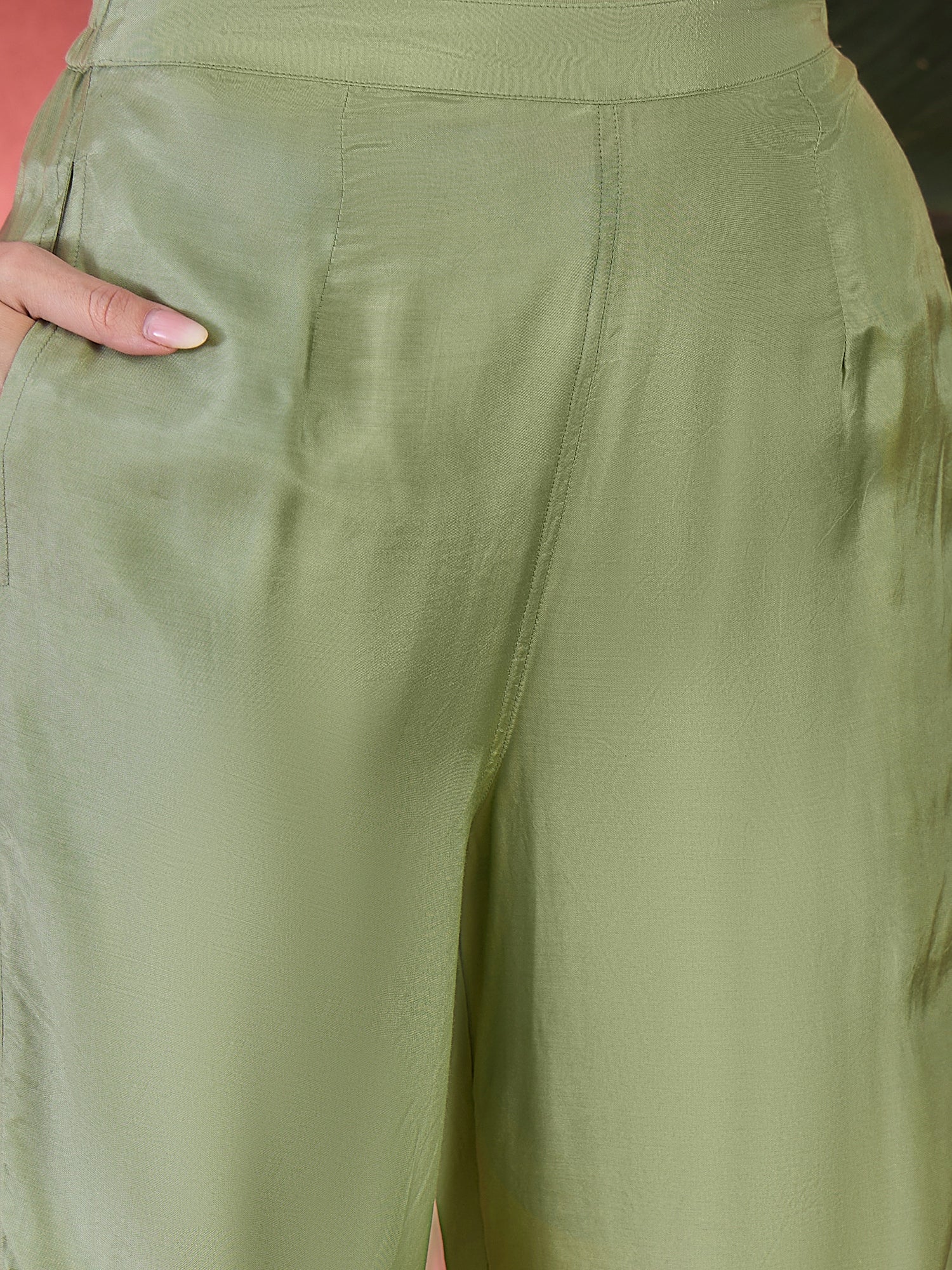 Green Art Silk V-Neck Floral Kurta Set For Women