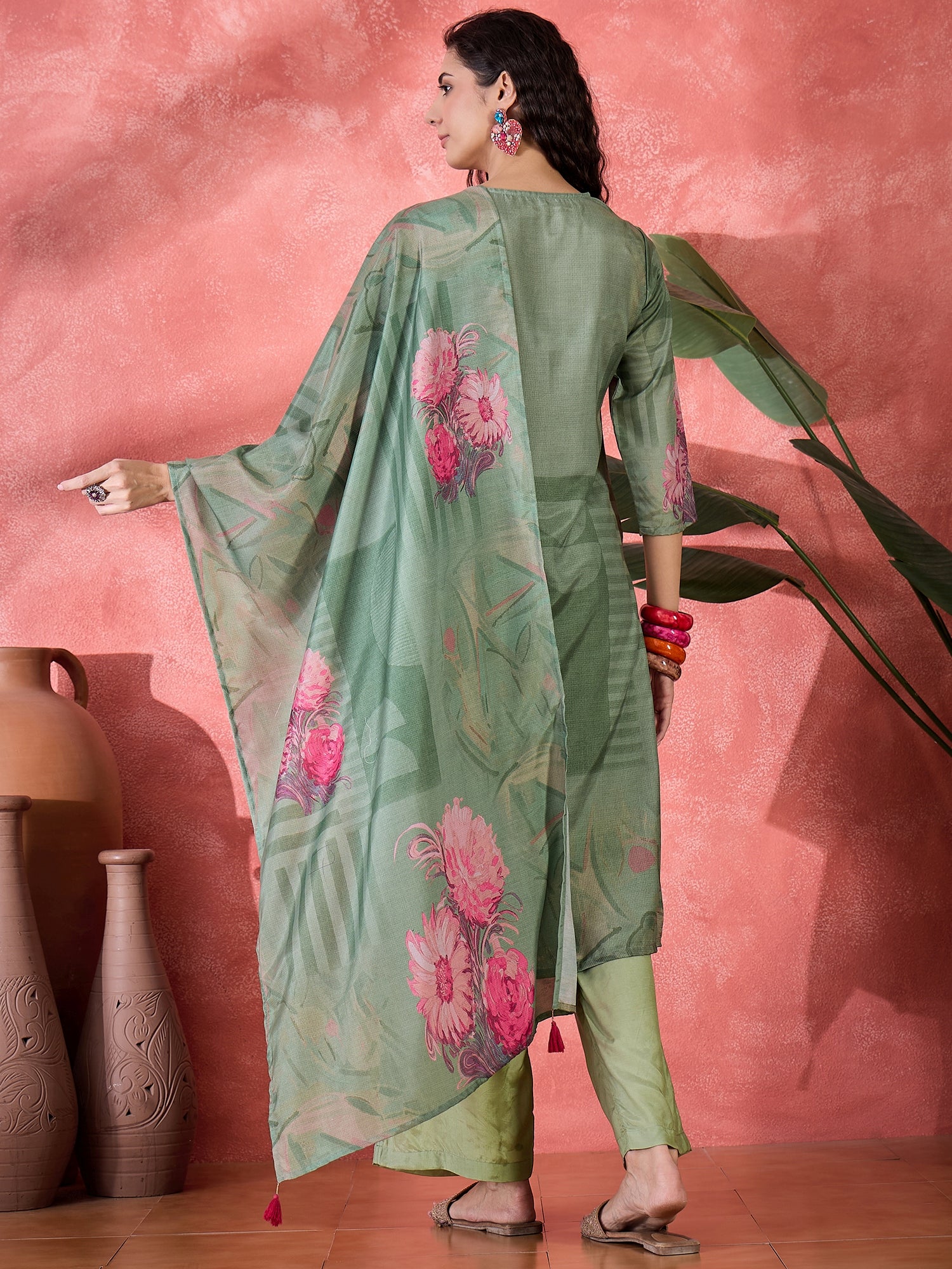 Green Art Silk V-Neck Floral Kurta Set For Women