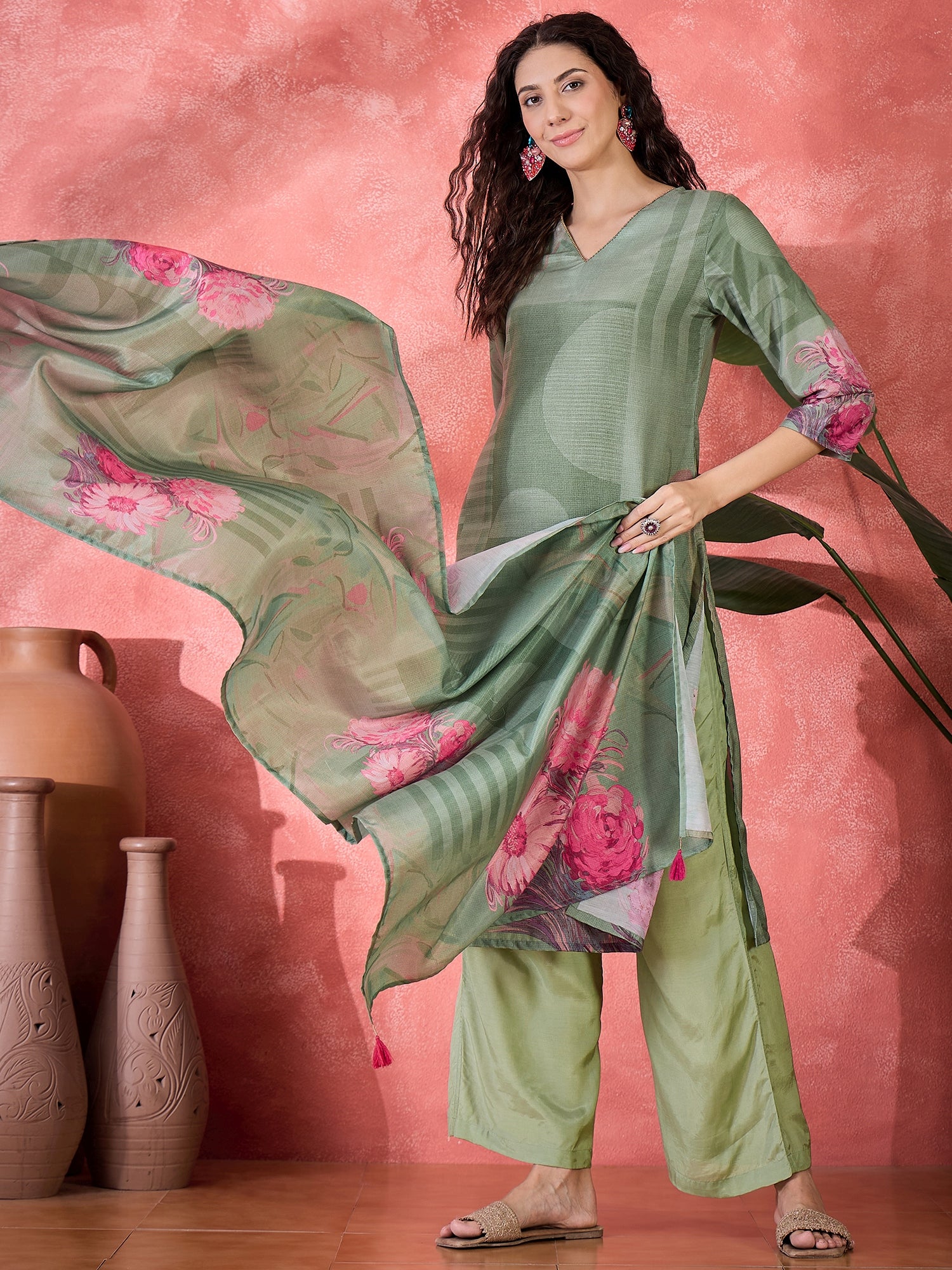 Green Art Silk V-Neck Floral Kurta Set For Women