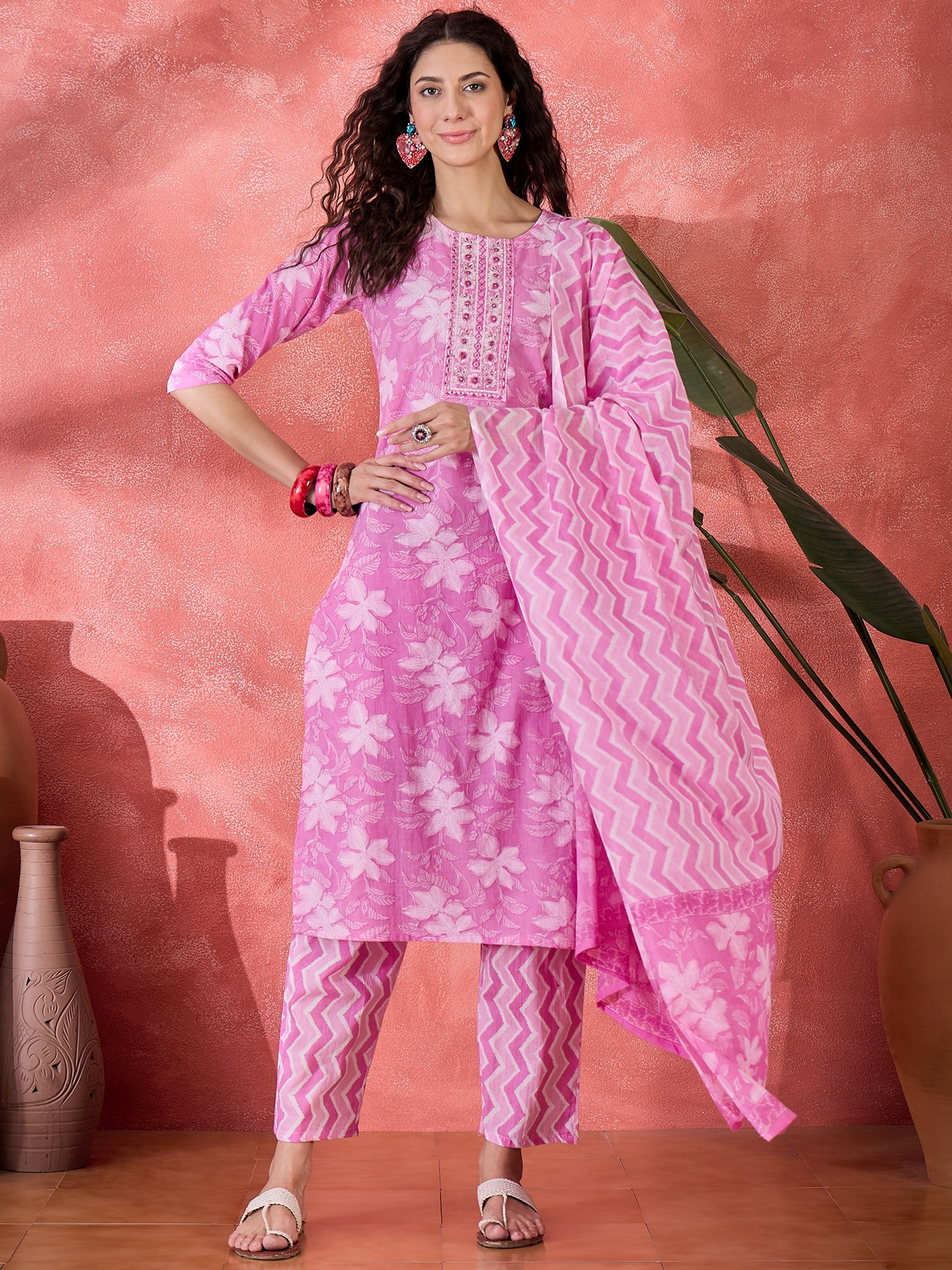 Pink Pure Cotton Round Neck Floral Kurta Set For Women