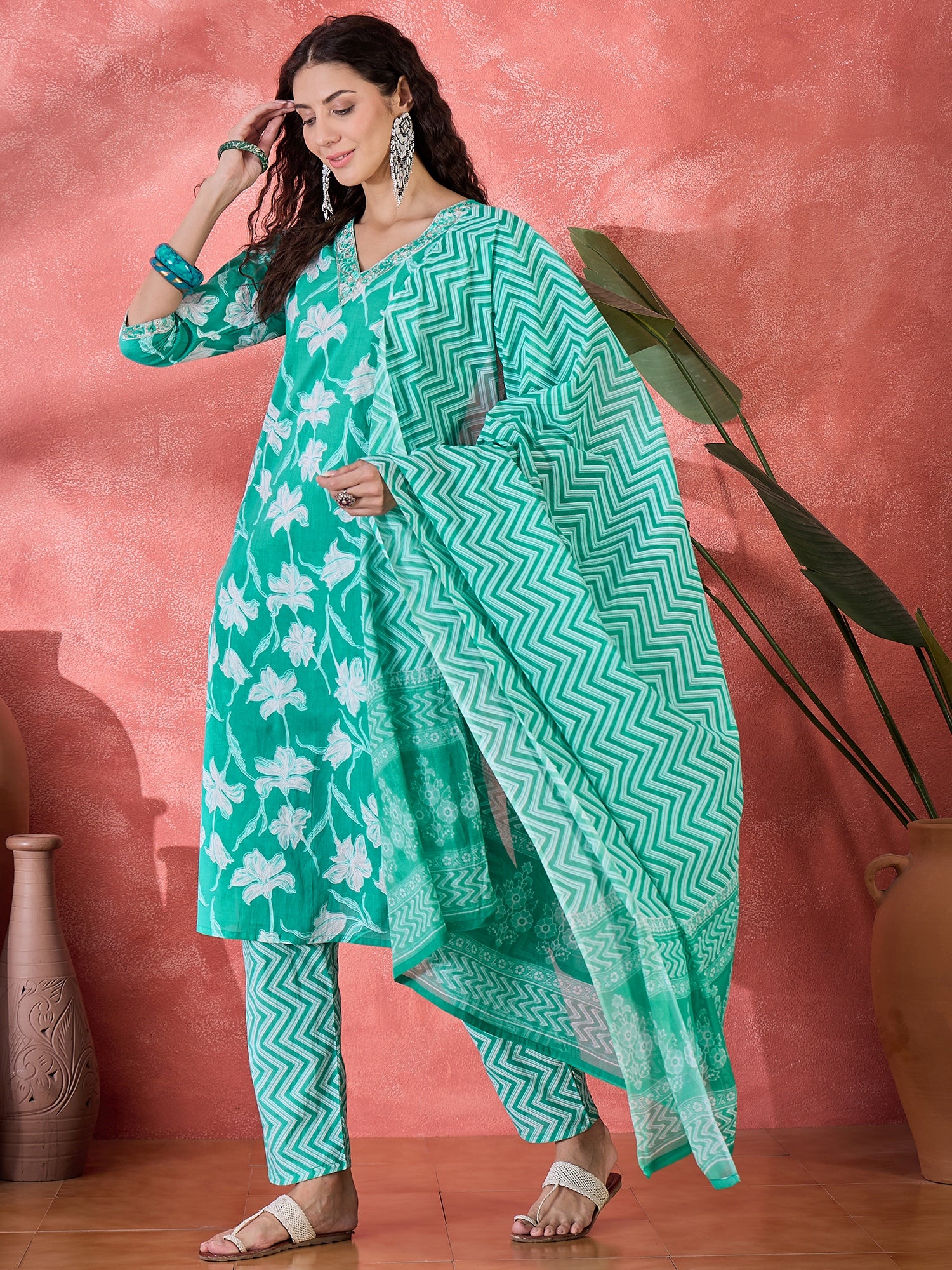 Sea Green Pure Cotton V-Neck Floral Kurta Set For Women
