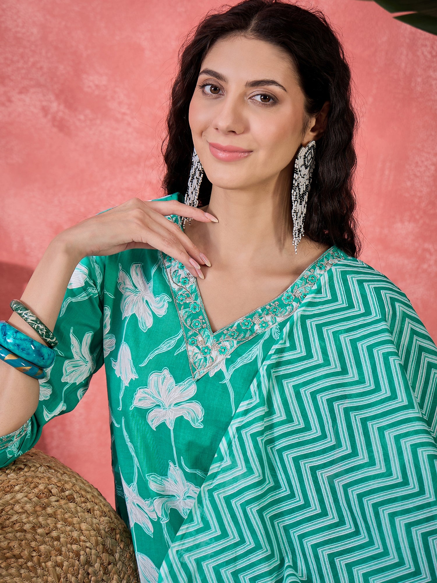Sea Green Pure Cotton V-Neck Floral Kurta Set For Women