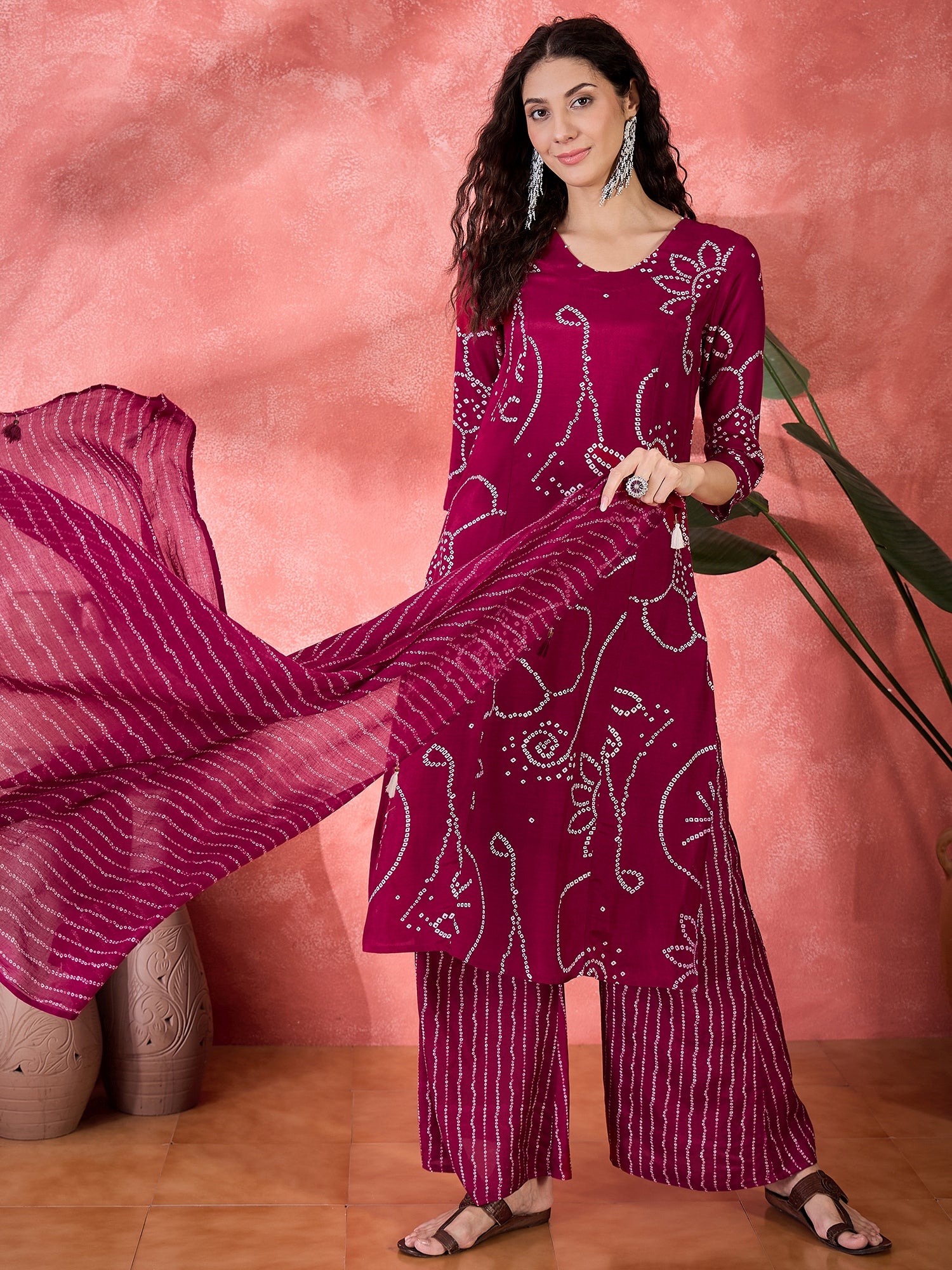 Brown Pure Cotton Calf Length Round Neck Kurta Set For Women