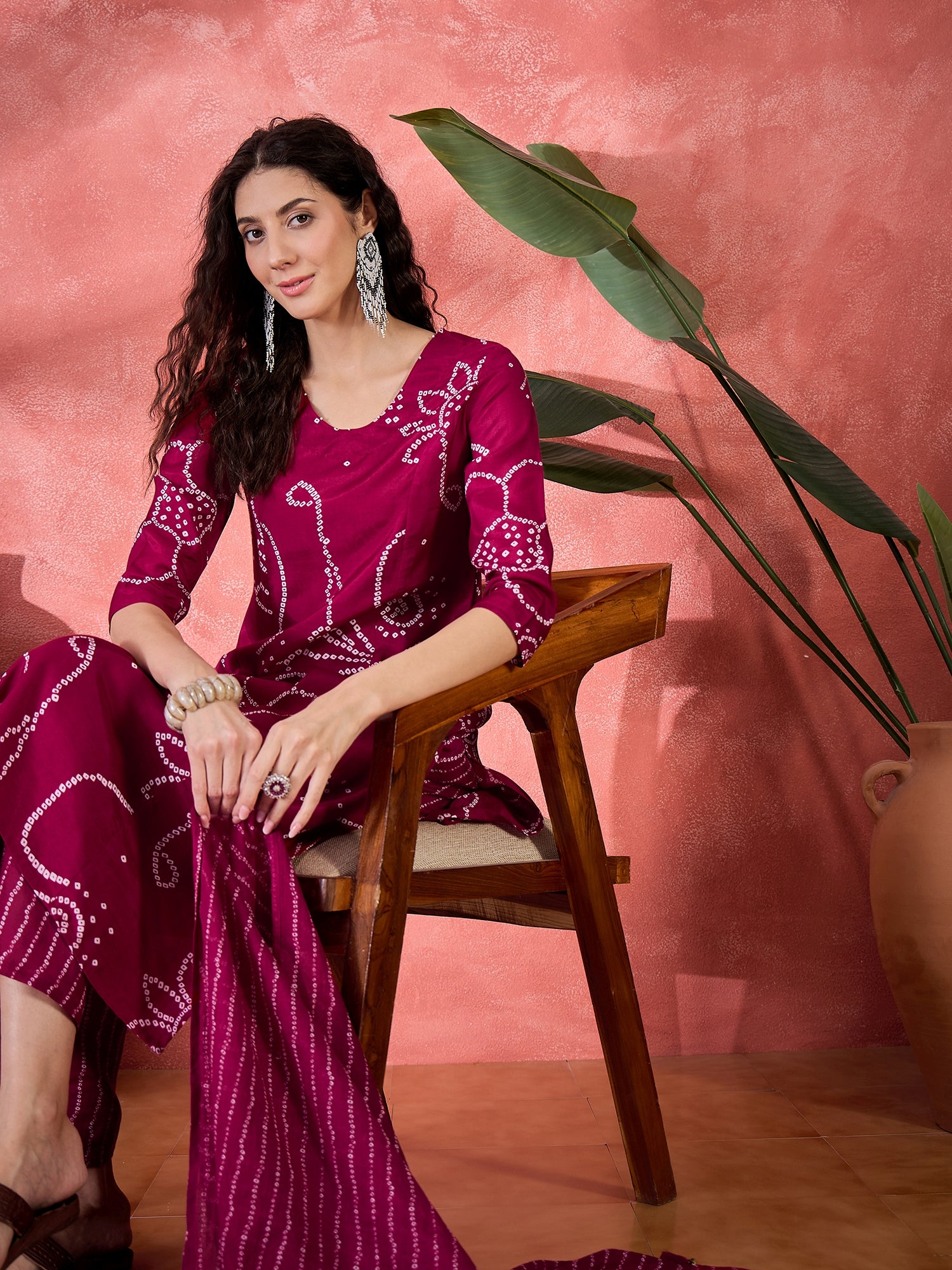 Brown Pure Cotton Calf Length Round Neck Kurta Set For Women